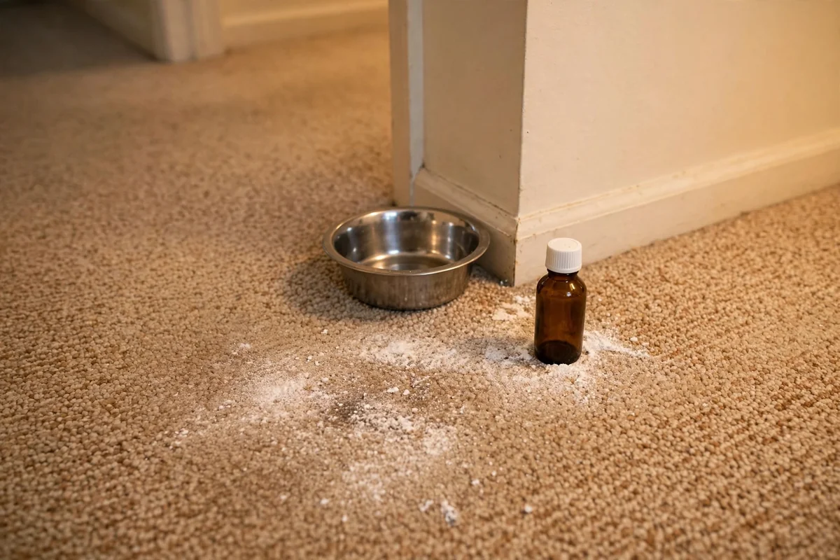 Baking soda dusted over a hallway carpet corner with a peroxide bottle nearby