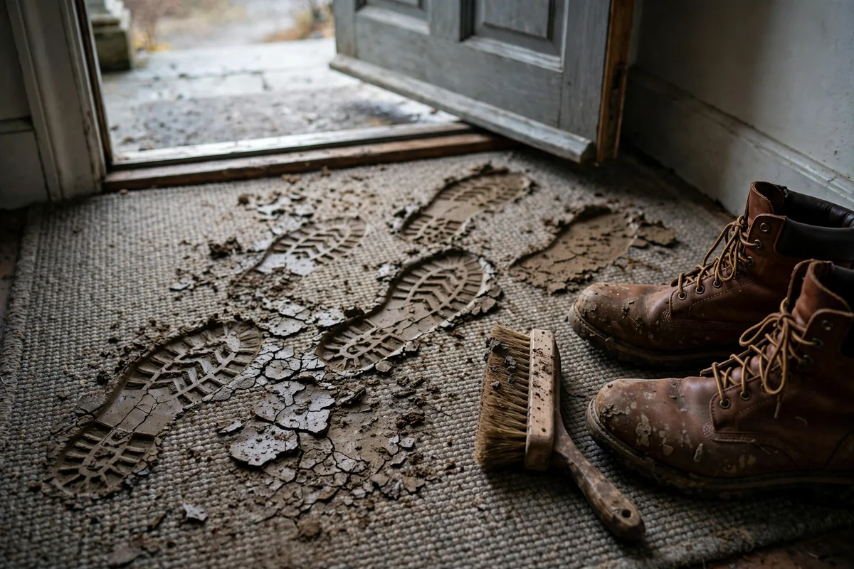 Dried muddy boot prints on an entryway carpet beside boots and a stiff brush