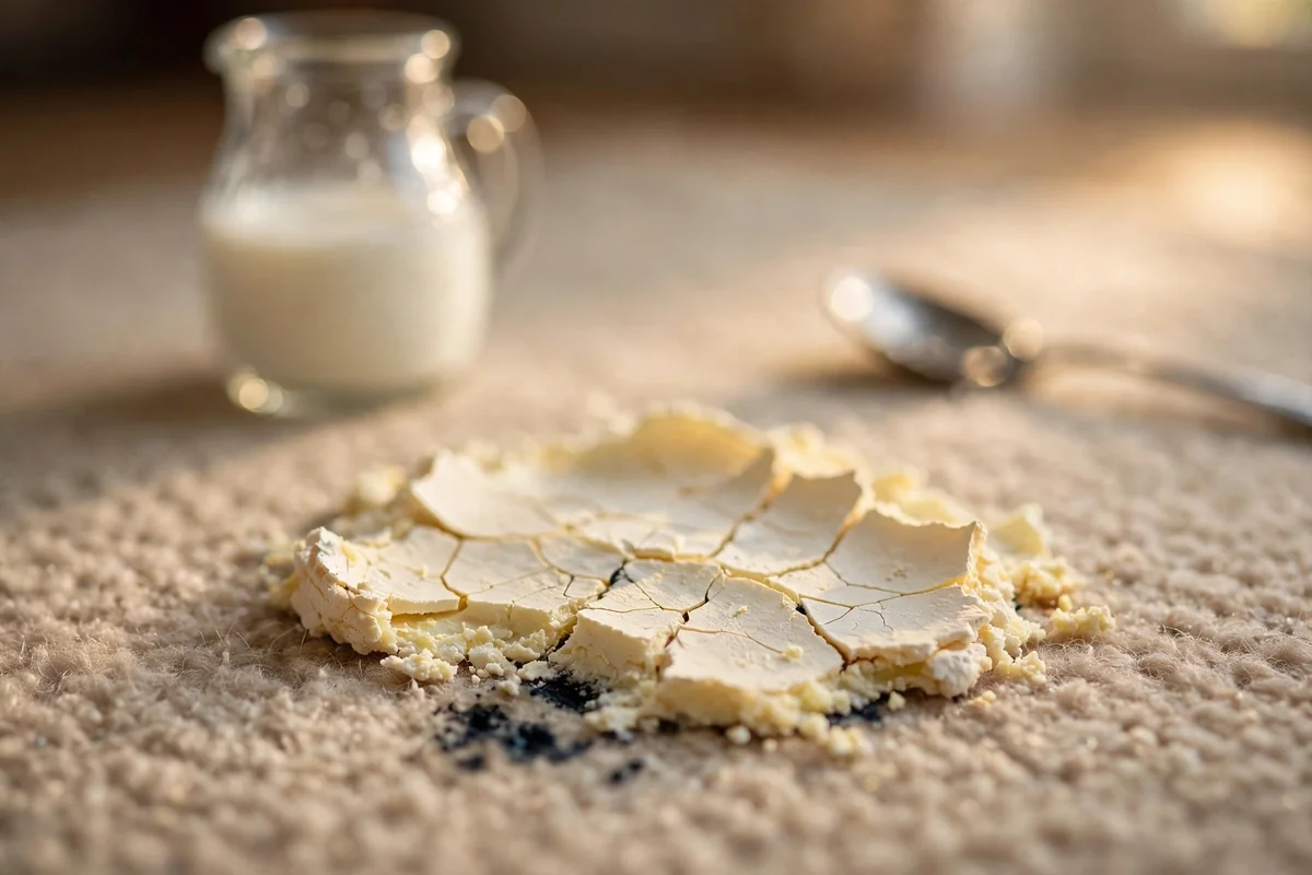 Dried cornstarch and milk paste cracking over a small ink spot on beige carpet