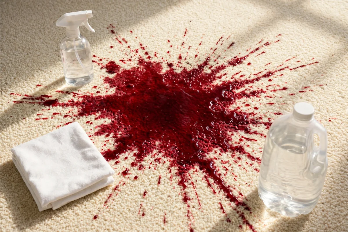 Spray bottle and vinegar jug arranged around a dark red juice stain on cream carpet