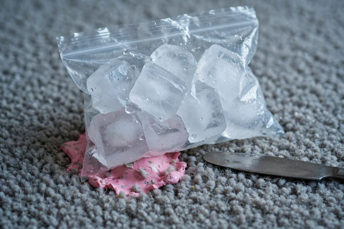 Sealed bag of ice cubes resting on chewing gum stuck in grey carpet pile