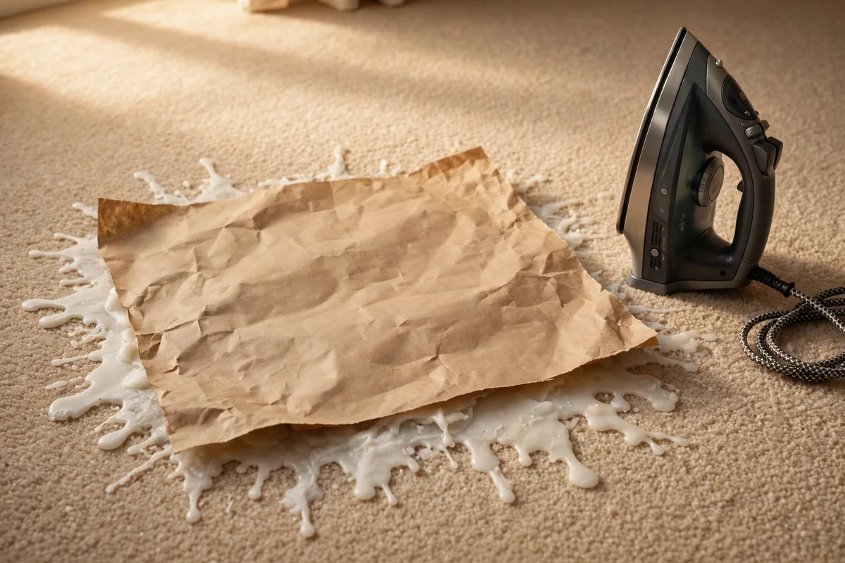 Brown paper over a candle wax drip on carpet with an iron standing safely nearby
