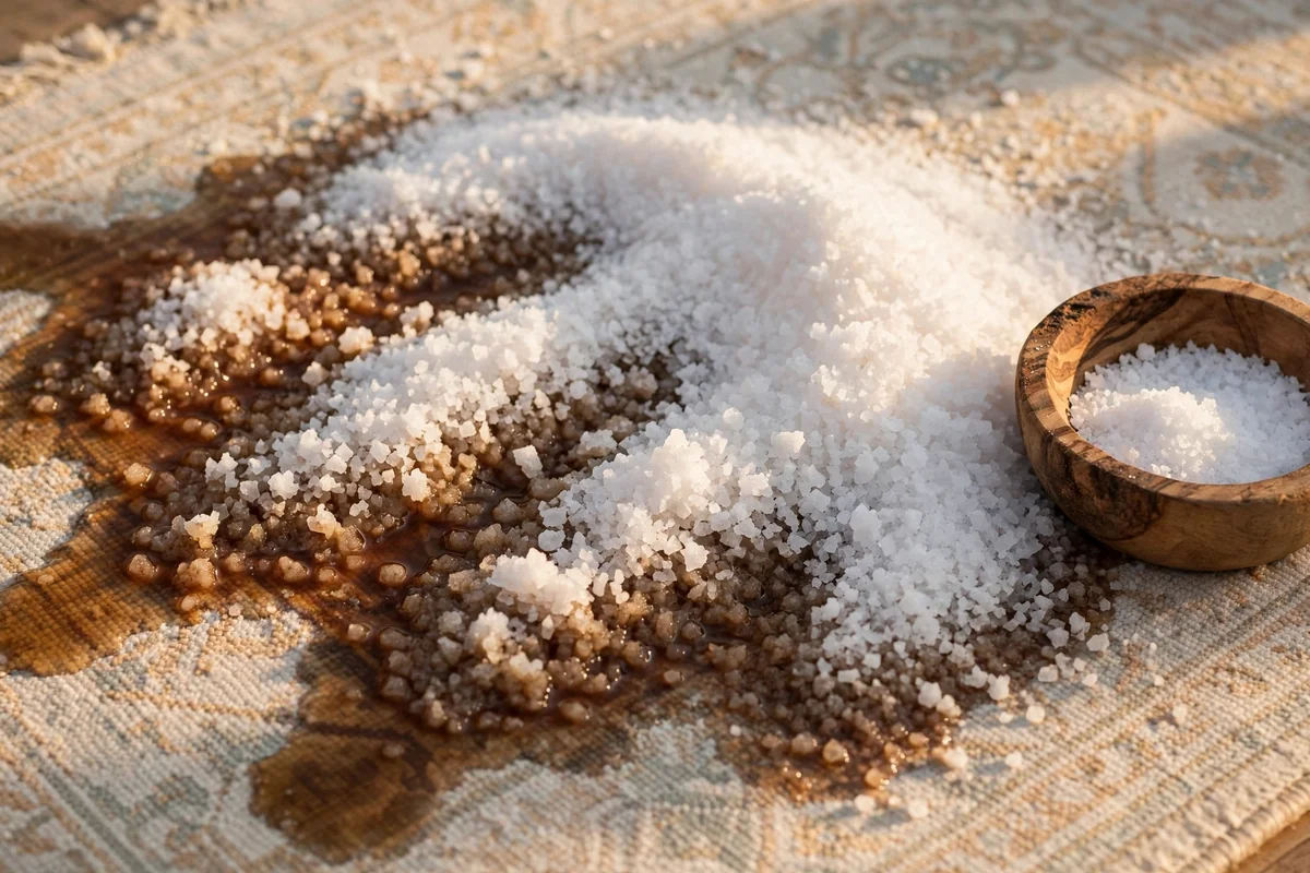Layer of coarse salt soaking up a fresh tea spill on a light patterned rug