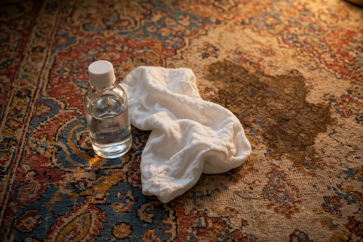 Small bottle of vegetable glycerin and a white cloth on a patterned carpet with a dried patch