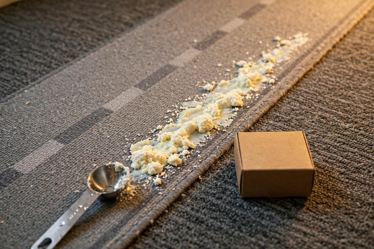 Borax paste dabbed along a grey traffic lane on a hallway carpet