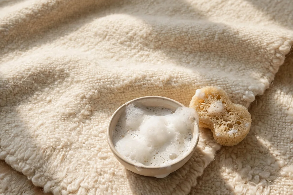 Small bowl of castile soap suds and a natural sponge at the edge of a cream wool rug