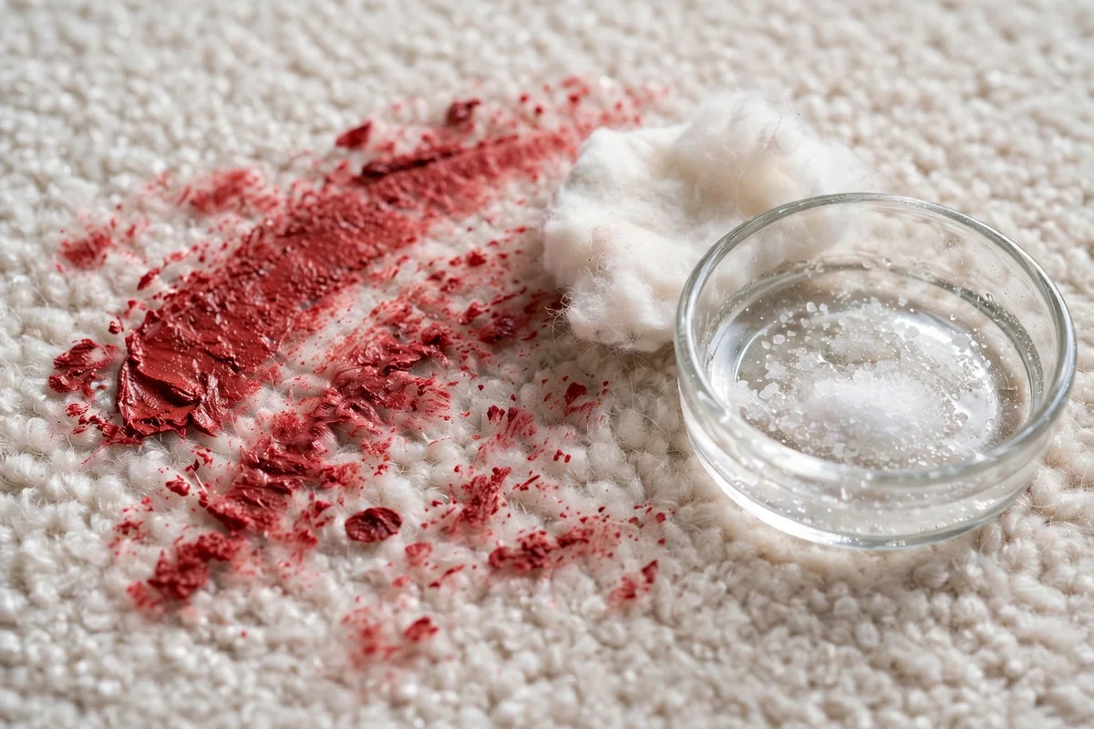 Cotton pad and small dish beside a reddish lipstick smear on pale carpet