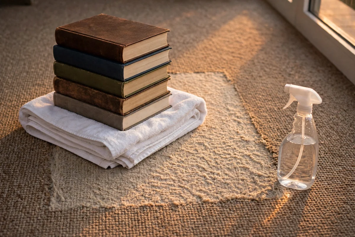 Cleaned carpet patch weighted with books on a folded white towel beside a water spray bottle