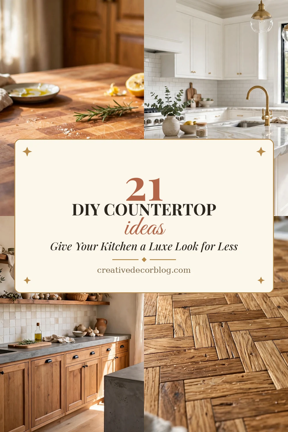 Pinterest pin collage of DIY countertop ideas titled 21 DIY Countertop Ideas That Give Your Kitchen a Luxe Look for Less