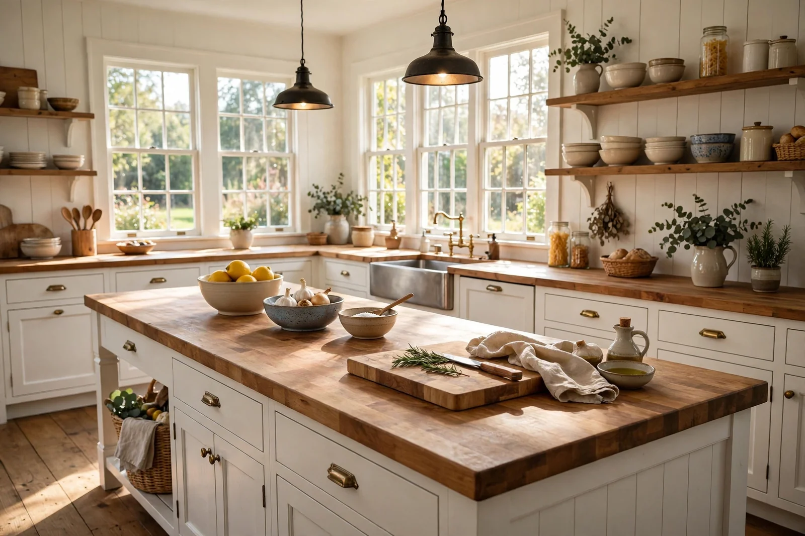 Bright farmhouse kitchen with a long butcher block countertop island in warm sunlight