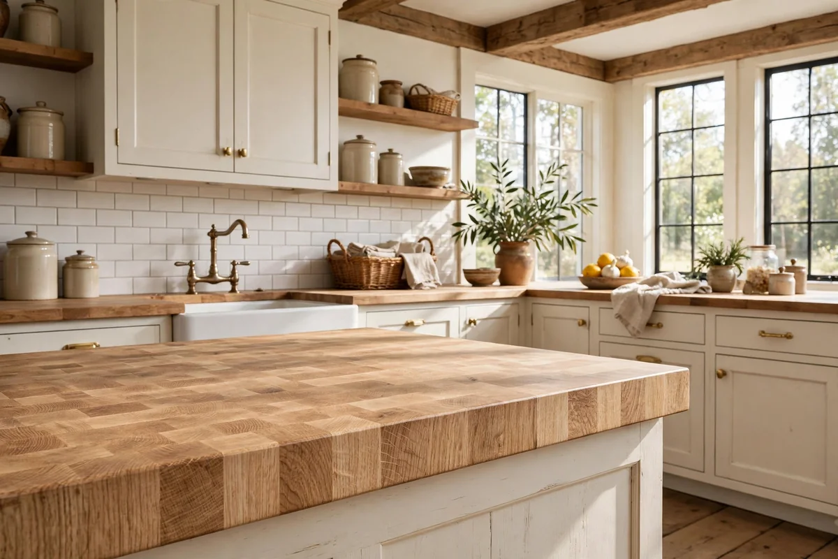 Thick butcher block countertop in white oak with visible end grain in a sunlit farmhouse kitchen