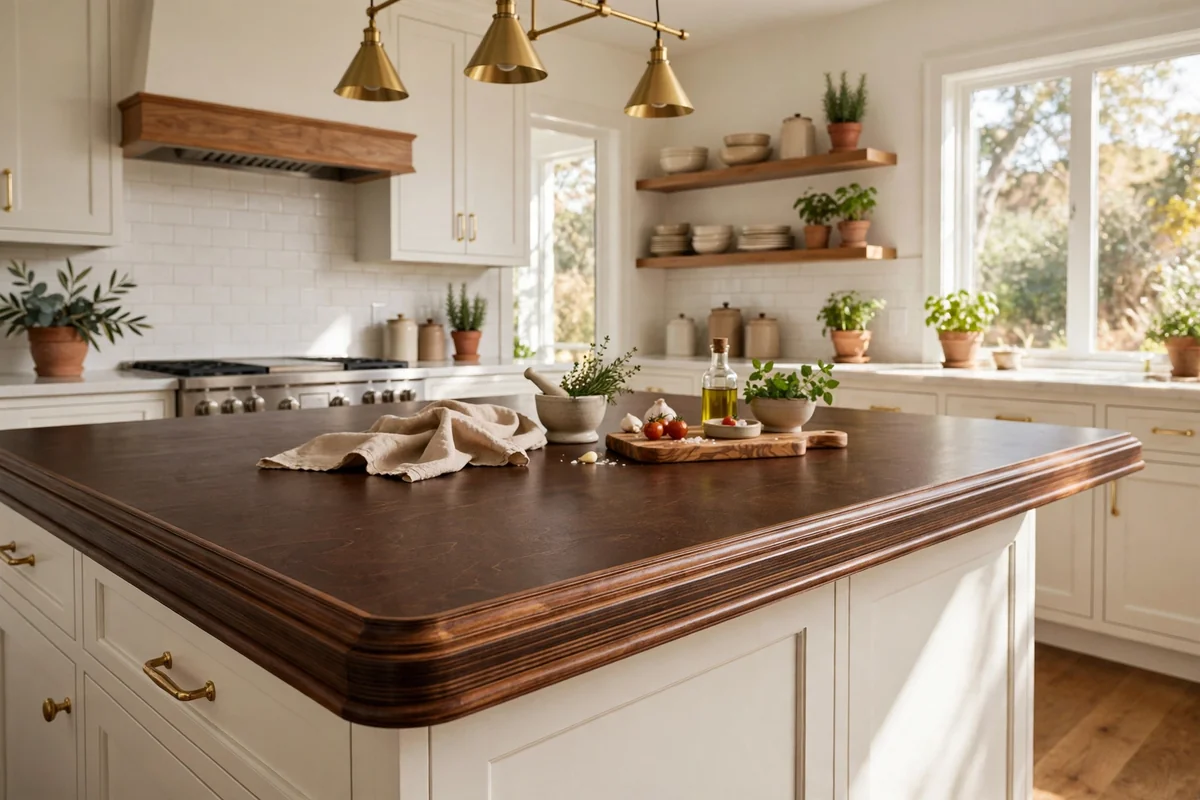 Deep brown stained plywood countertop with elegant wood trim edge in a refined kitchen