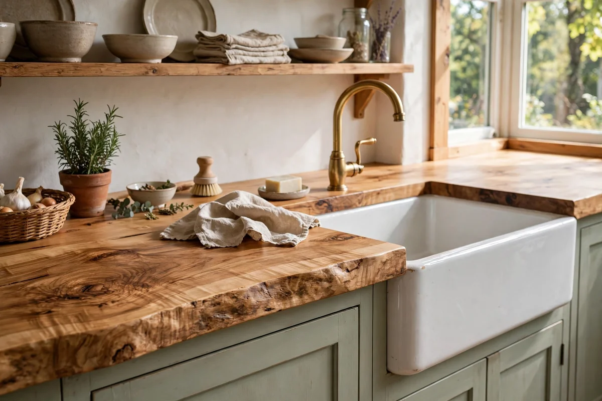 Rustic maple slab countertop with strong natural grain beside a farmhouse sink