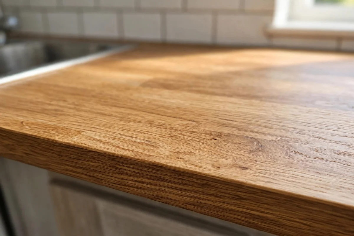 Laminate countertop refinished to a convincing faux oak wood look, closeup detail