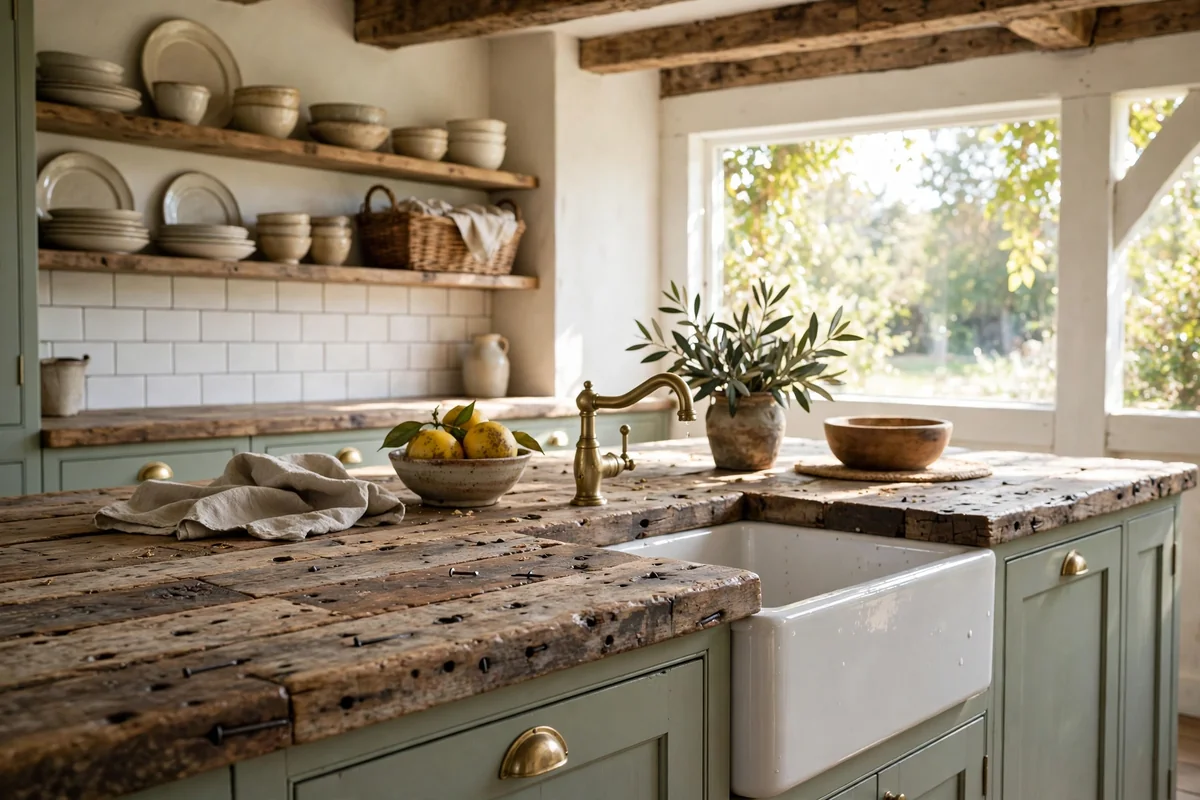 Reclaimed timber plank countertop with aged patina and character in a farmhouse kitchen