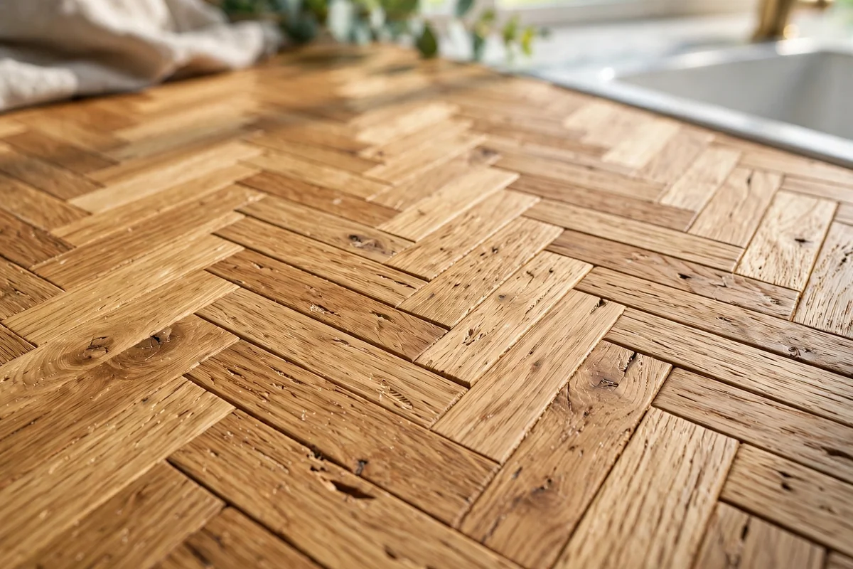 Herringbone pattern wood plank countertop with zigzag oak planks, detailed closeup