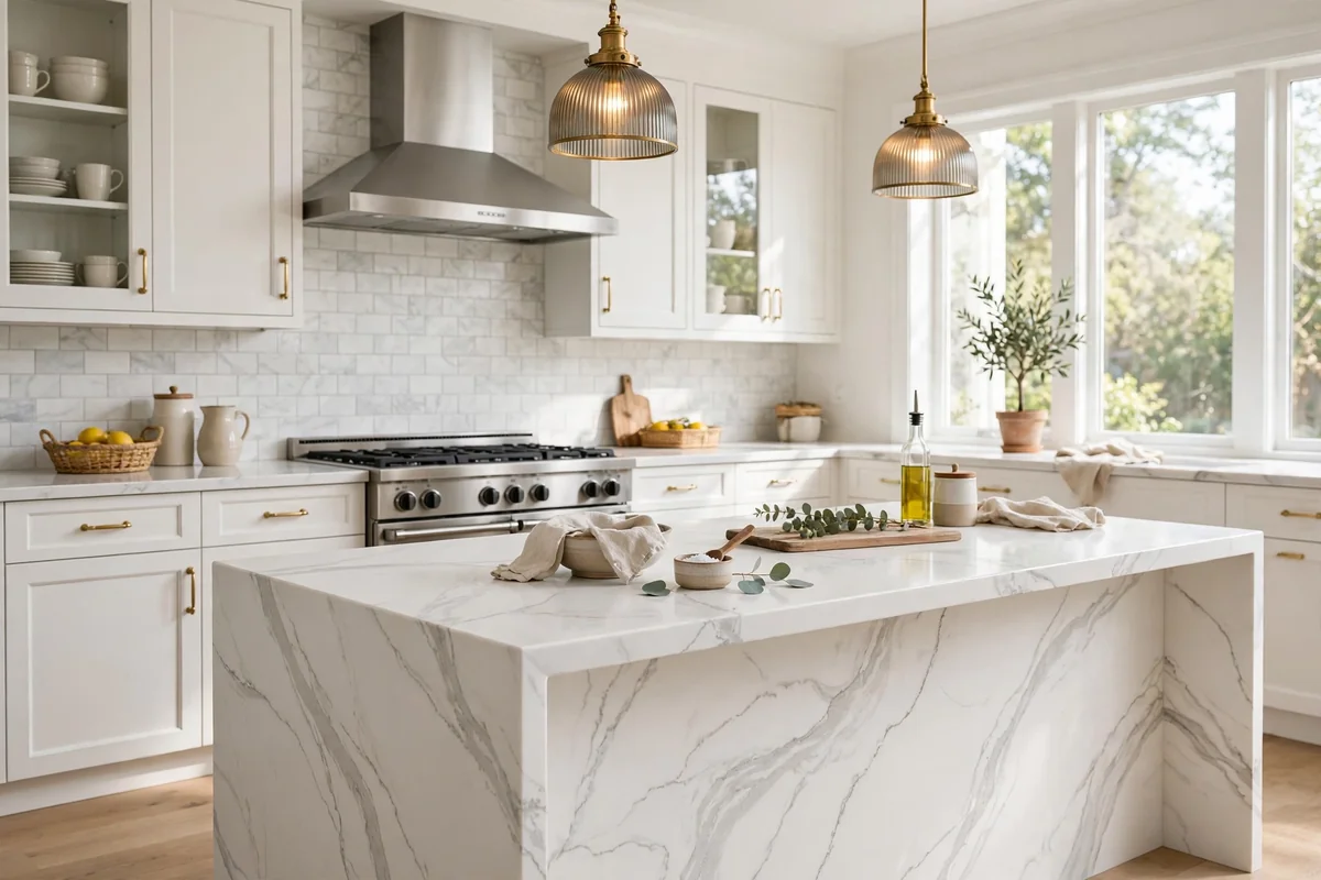 White epoxy countertop with soft grey marble veining in an elegant bright kitchen