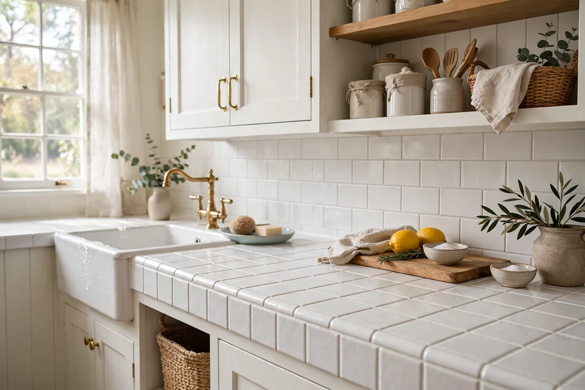 Crisp white ceramic tile countertop with neat white grout lines in a clean cottage kitchen
