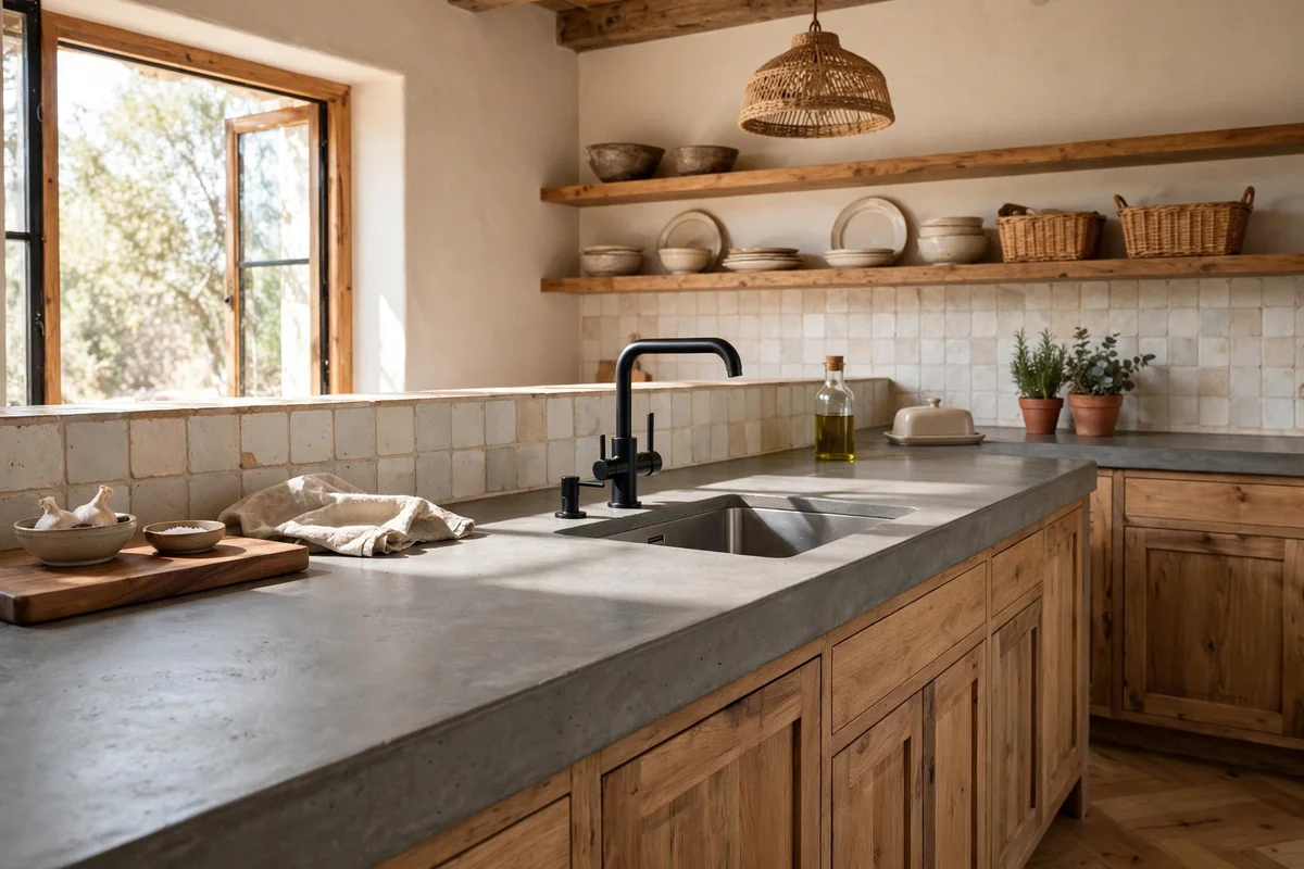 Honest poured concrete countertop in matte grey in a modern rustic kitchen with black tap