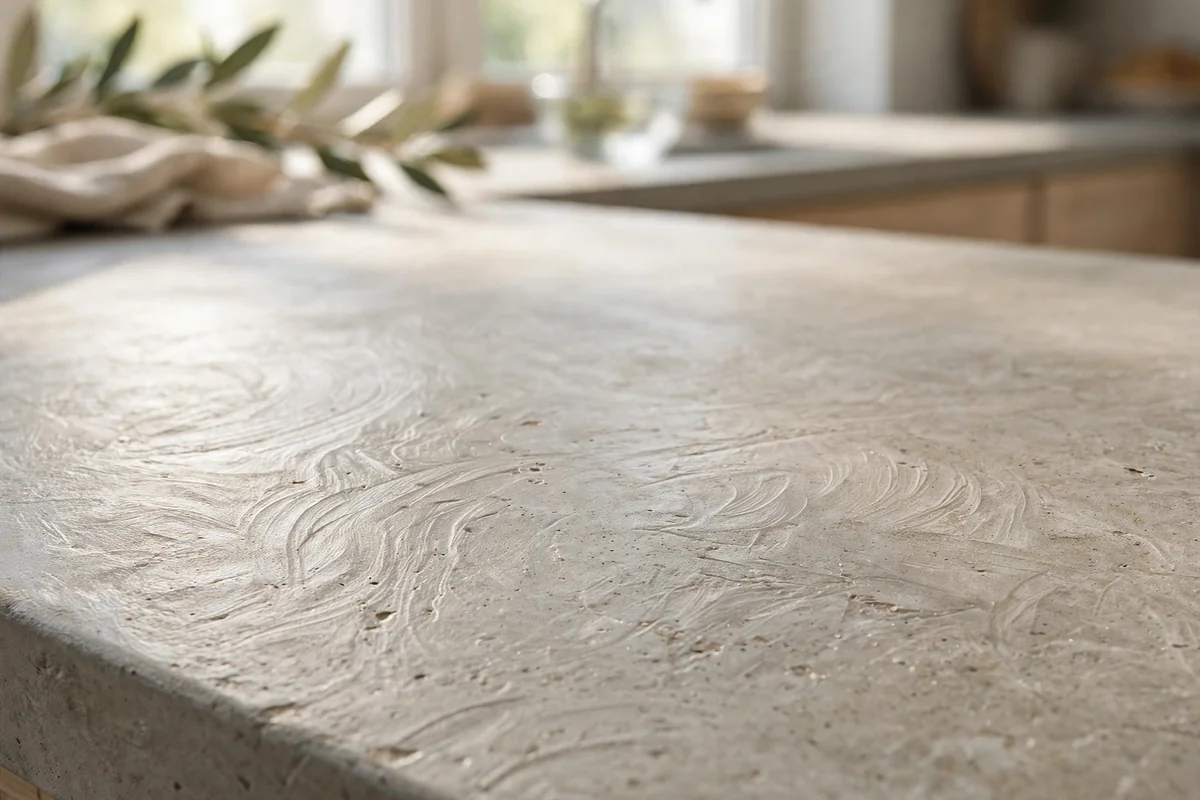 Feather-finish concrete countertop showing subtle trowel texture, closeup detail