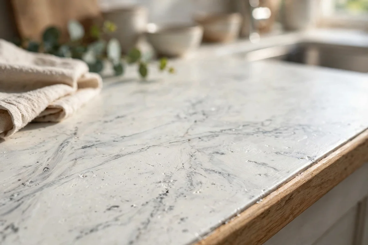 Countertop hand-painted to look like Carrara marble with fine grey veining, closeup