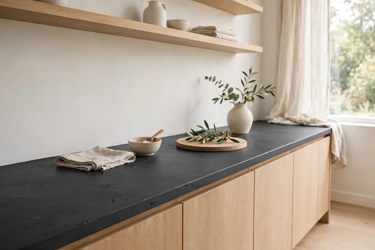 Matte charcoal chalk-painted countertop in a minimalist calm kitchen