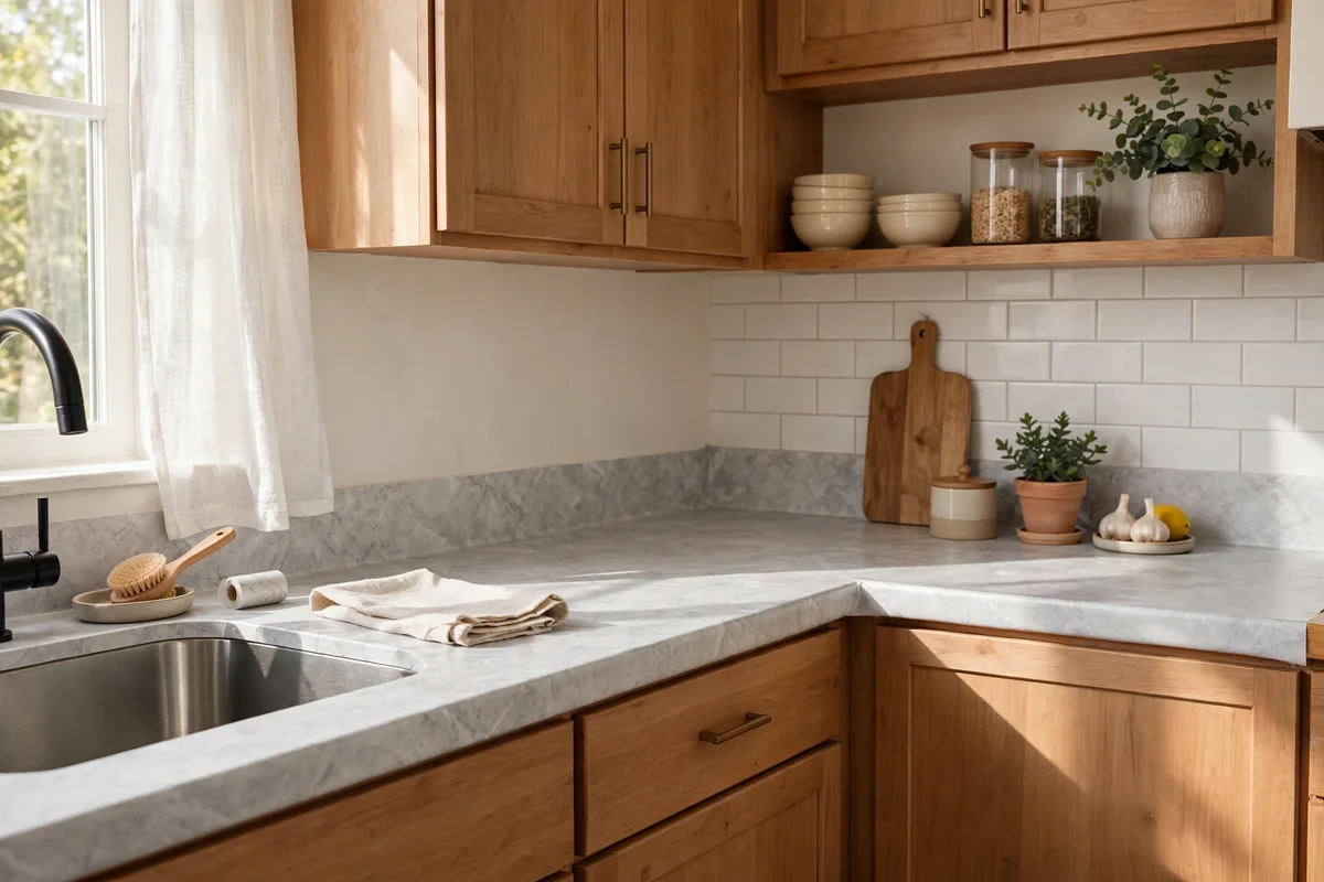 Countertop covered in stone-look contact paper, neat quick makeover in a bright kitchen