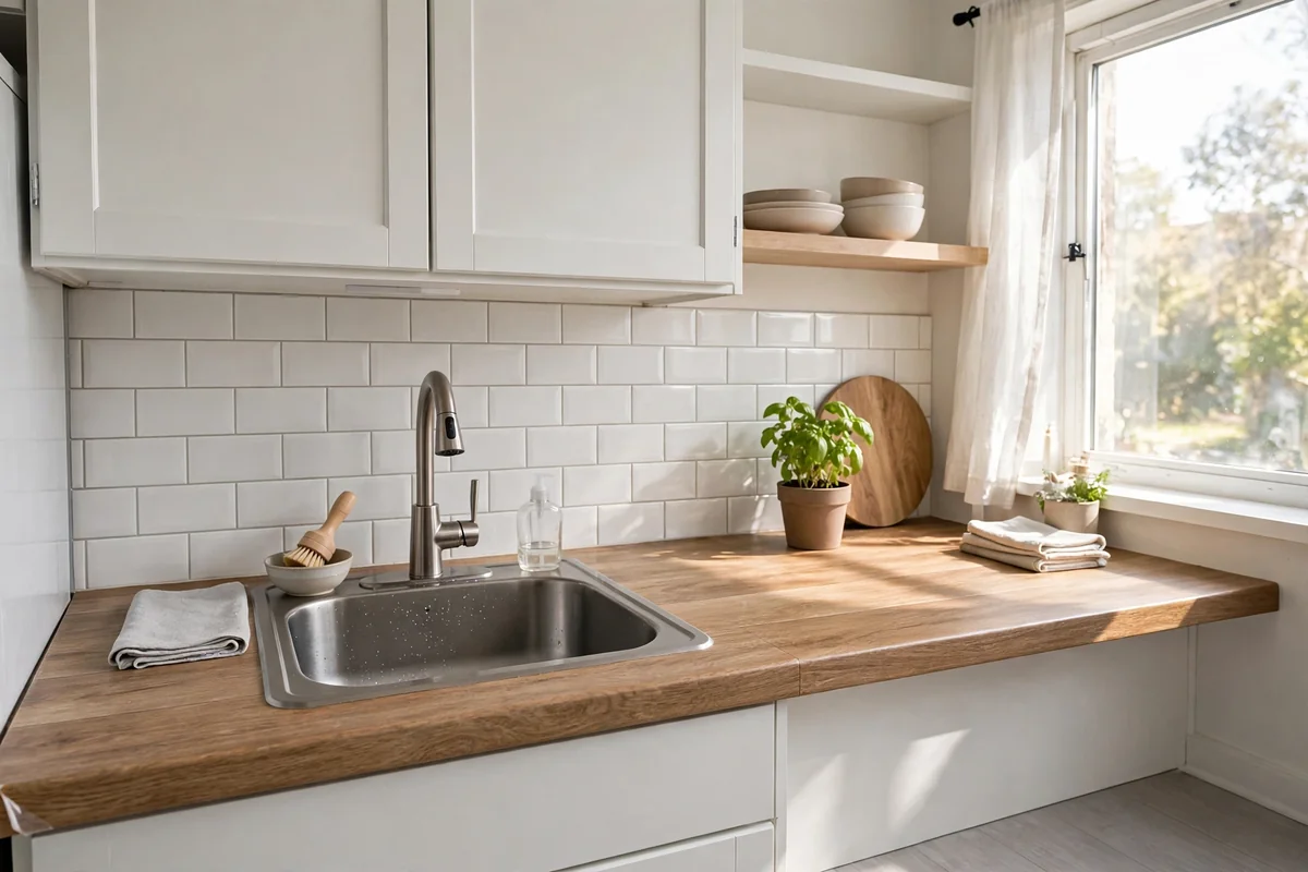 Rental kitchen with peel-and-stick wood-look film on the countertop, tidy and fresh