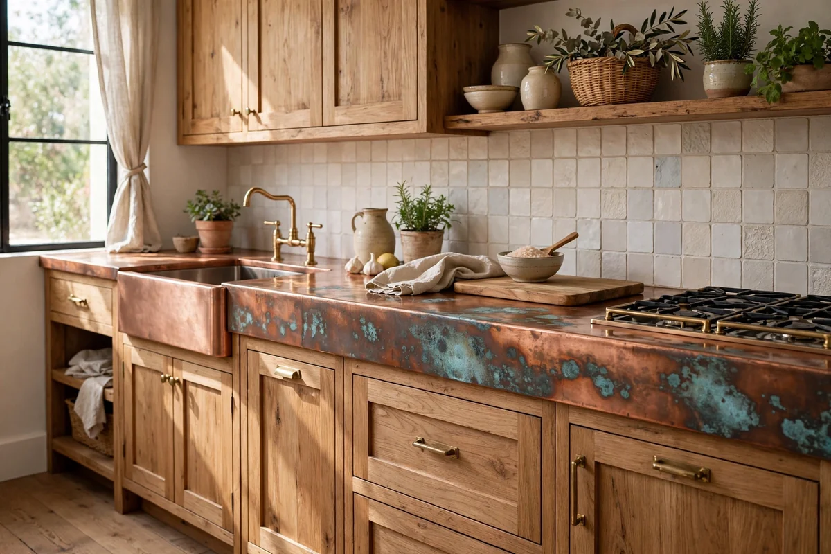 Copper countertop with natural patina developing in an artisan kitchen with wood cabinets