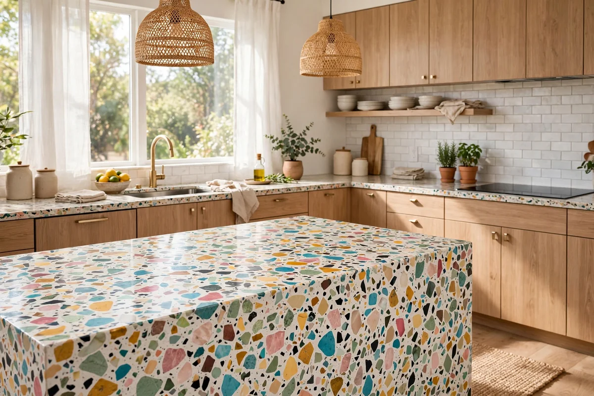 Terrazzo chip epoxy countertop with colorful stone aggregate in a cheerful modern kitchen