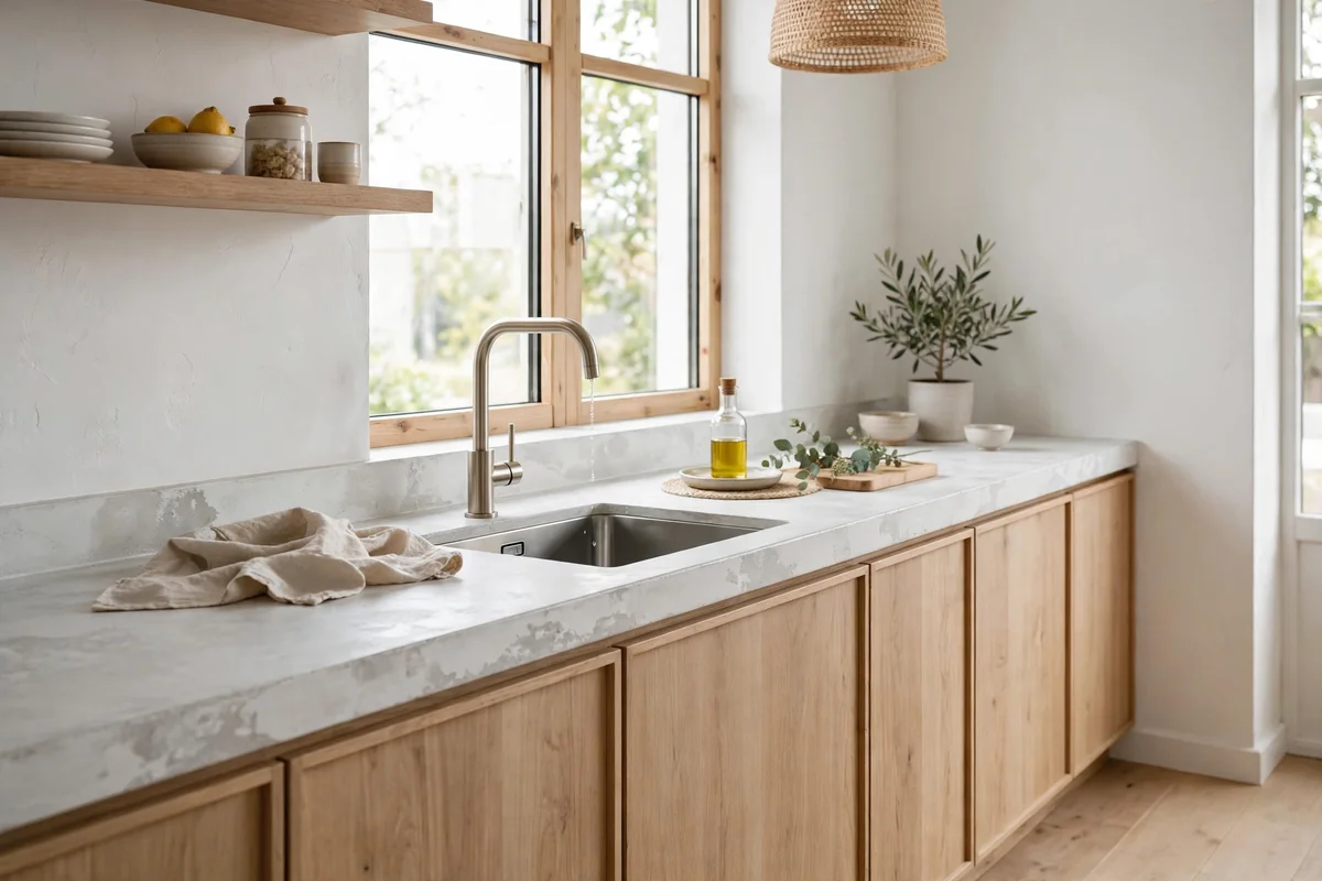 Whitewashed concrete skim coat countertop, soft and bright in a Scandinavian style kitchen