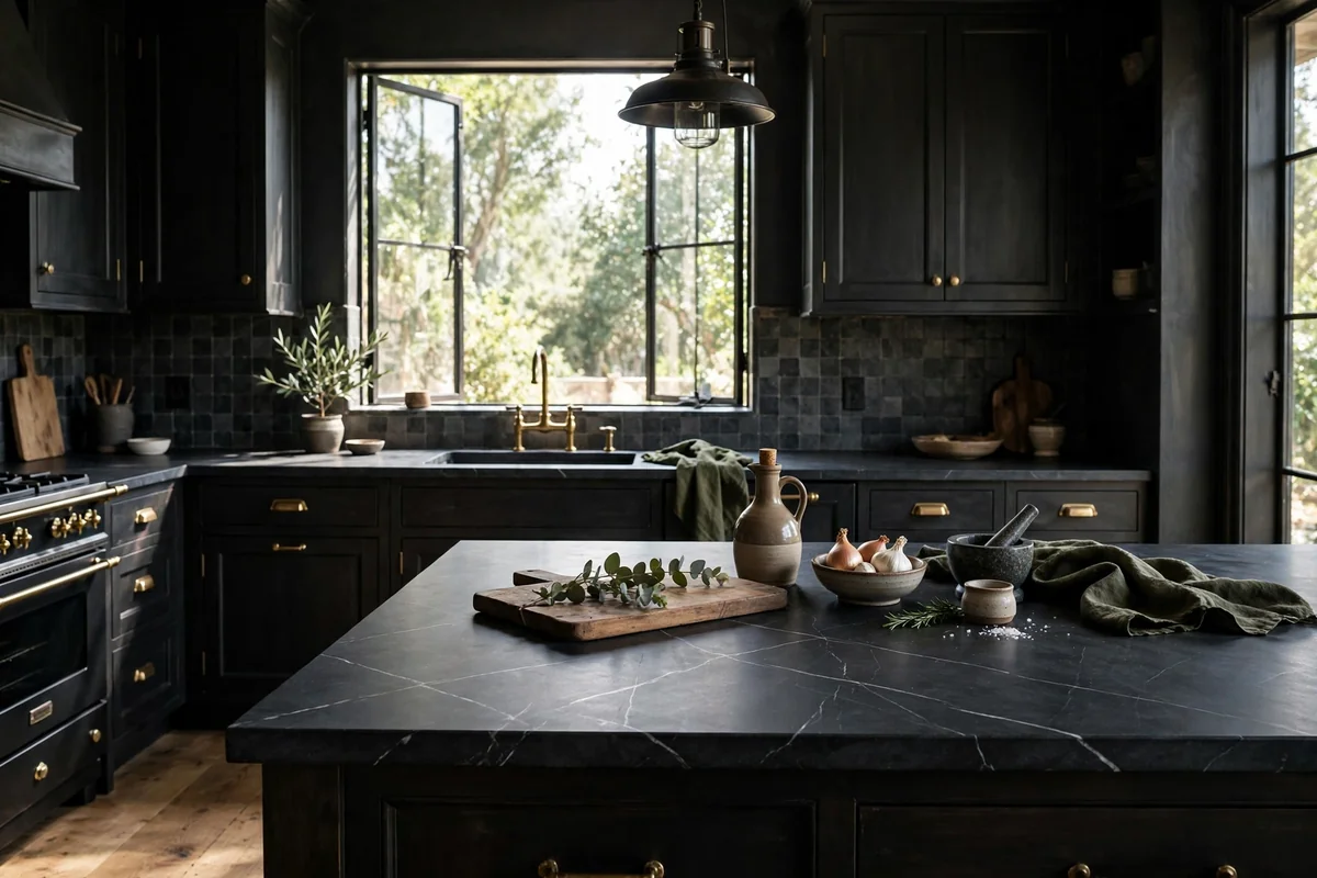 Dark countertop painted to look like soapstone with fine white veining in a moody elegant kitchen