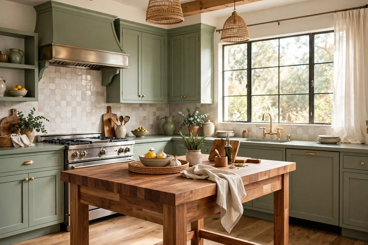 Kitchen with a butcher block island and sage green painted perimeter countertops in harmony