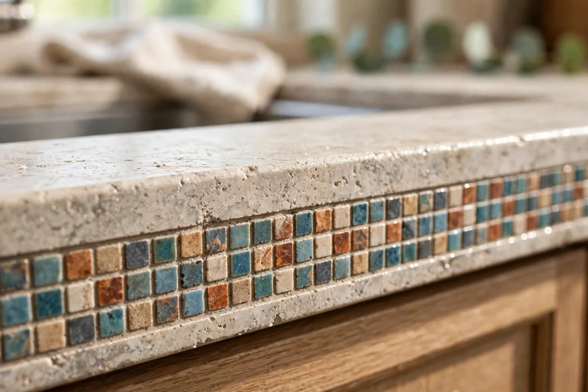 Countertop edge finished with a decorative mosaic tile border detail, closeup
