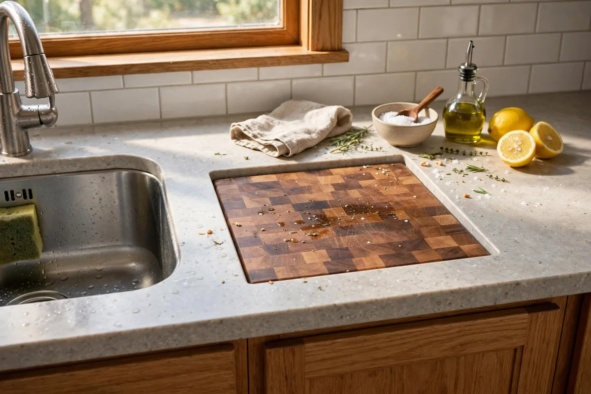 End-grain wood chopping block zone inset into a kitchen countertop beside a sink