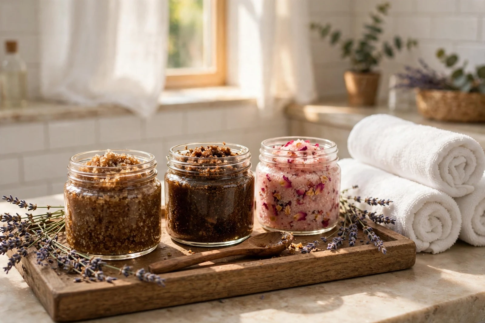 Homemade exfoliating body scrubs in glass jars on a wooden tray in a bright bathroom
