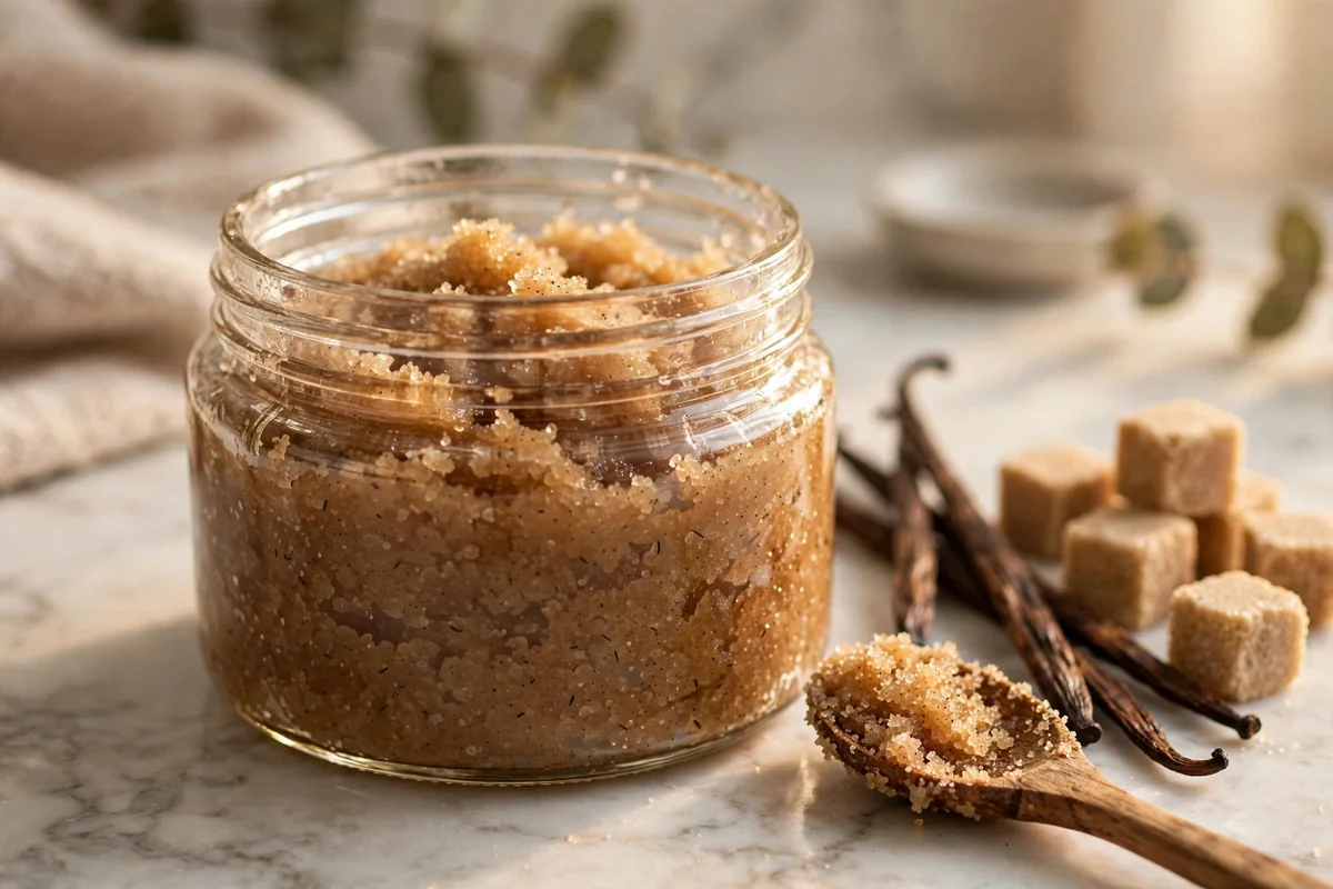 Glass jar of brown sugar vanilla body scrub with vanilla pods