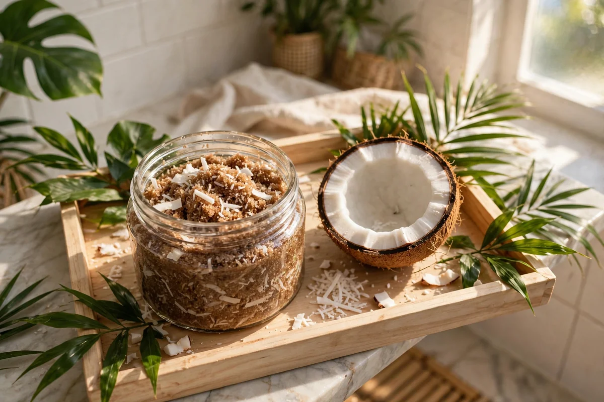 Glass jar of coconut sugar scrub with fresh coconut beside it