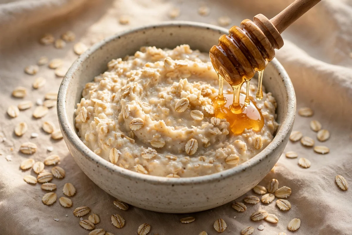 Ceramic bowl of creamy oat and honey scrub with a honey dipper