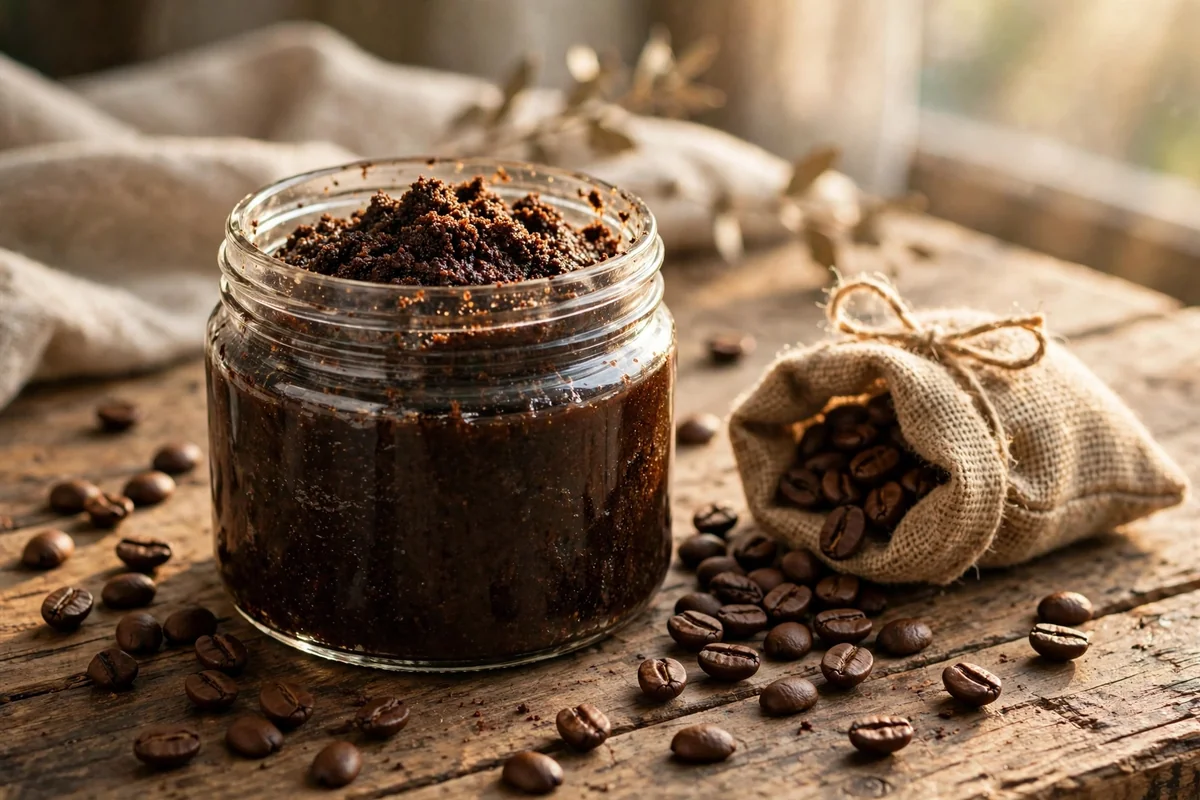 Glass jar of coffee body scrub with roasted coffee beans