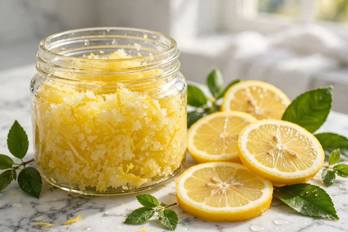 Glass jar of lemon sugar scrub with fresh lemon slices