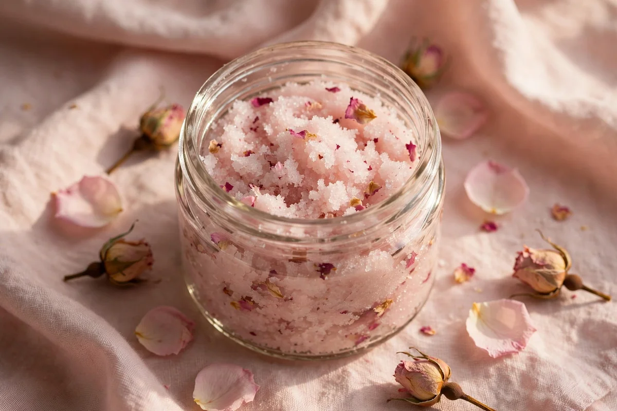 Glass jar of rose petal sugar scrub with dried rose buds