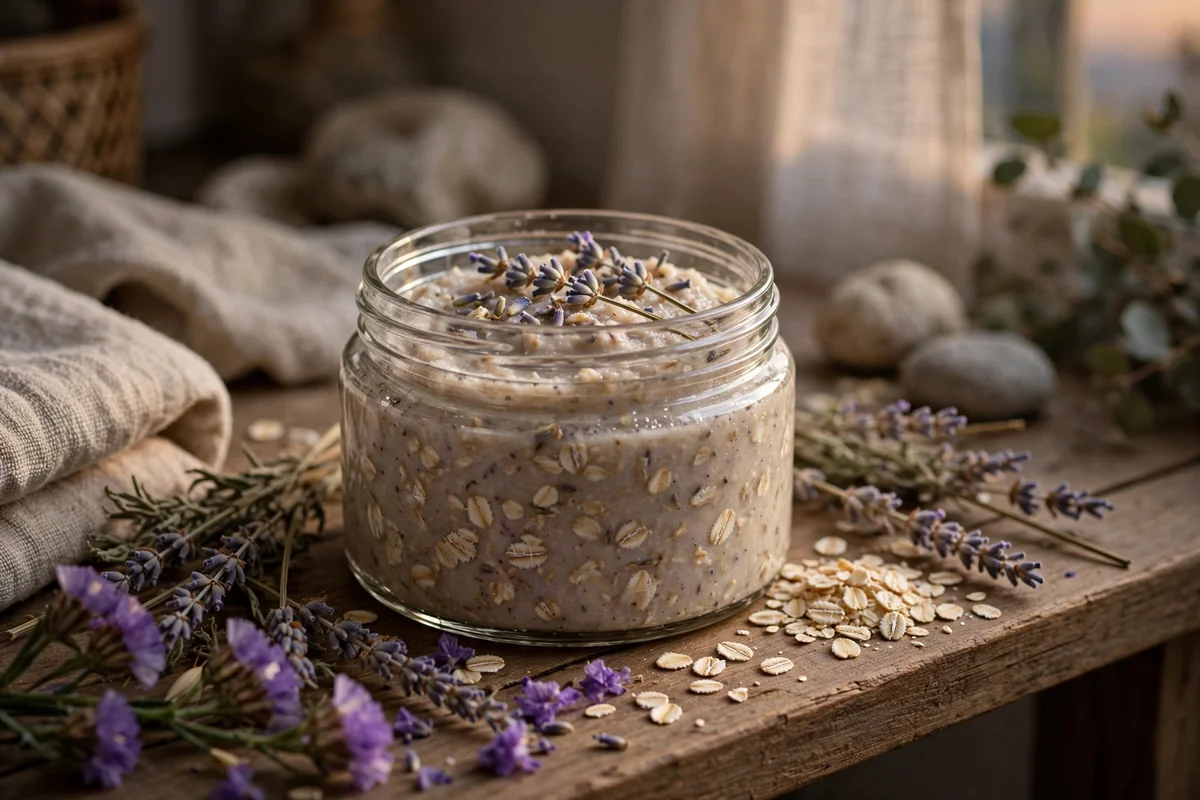 Glass jar of lavender oat scrub with dried lavender sprigs