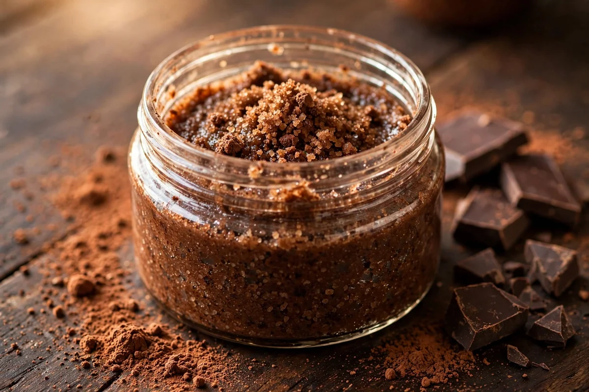 Glass jar of cocoa sugar scrub with chocolate pieces