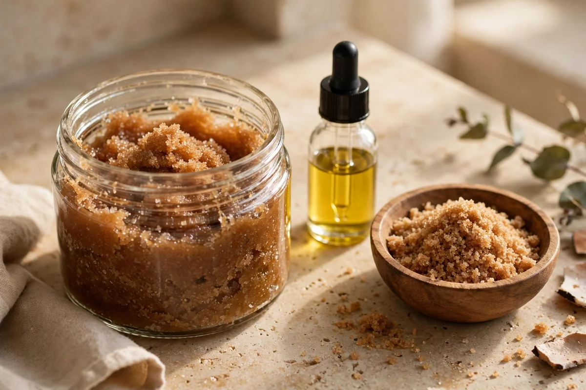 Glass jar of coconut sugar scrub with jojoba oil bottle