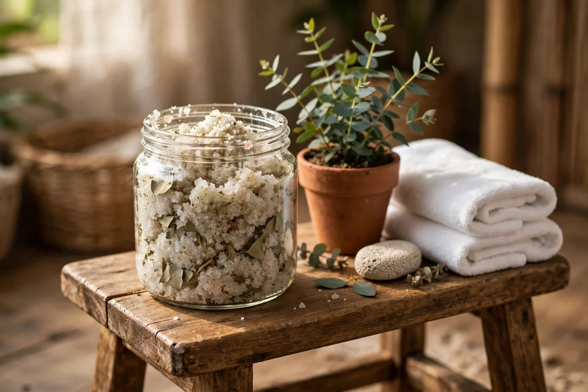 Glass jar of sea salt foot scrub with towels and eucalyptus