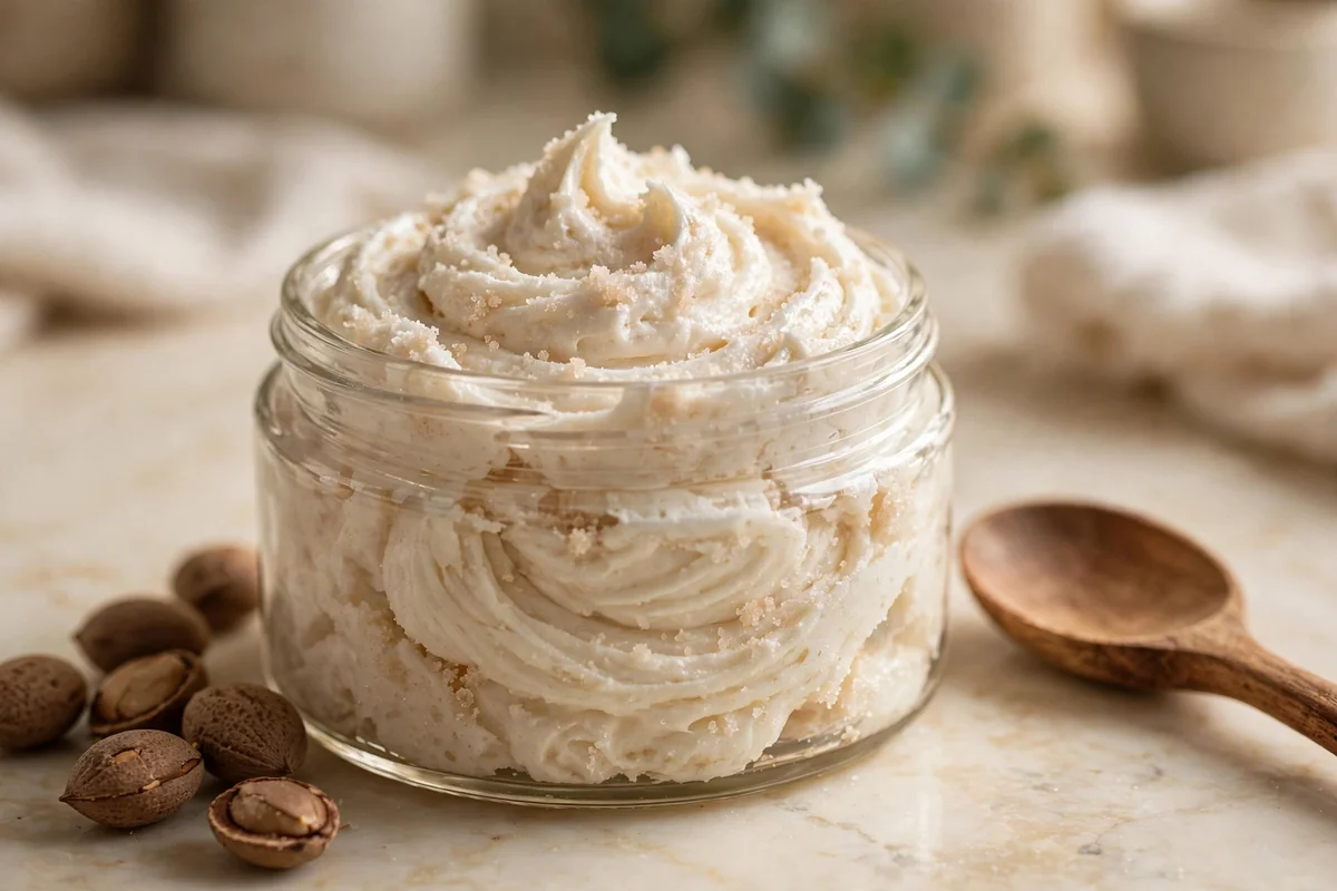 Glass jar of whipped shea butter scrub with swirled texture