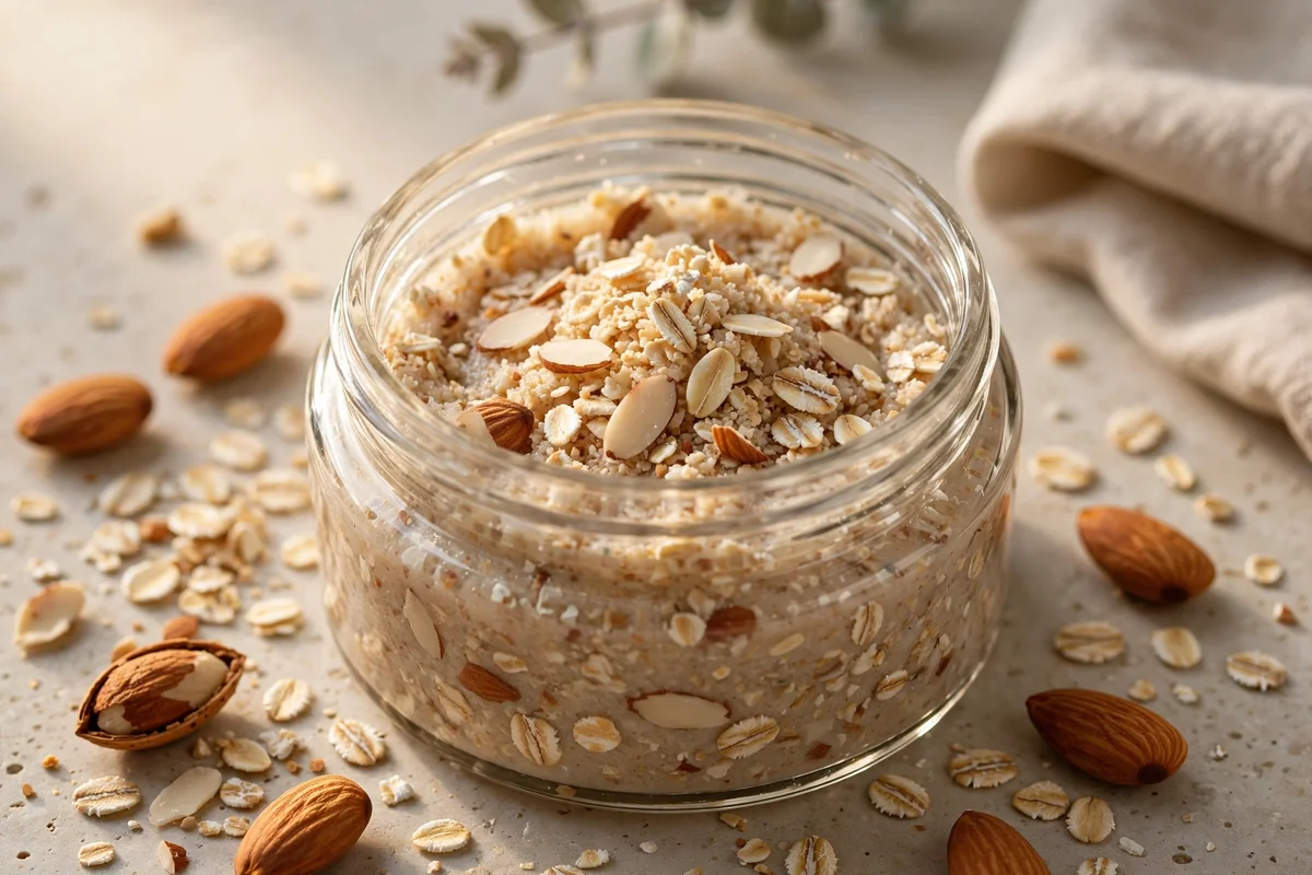 Glass jar of almond oat body polish with almonds scattered