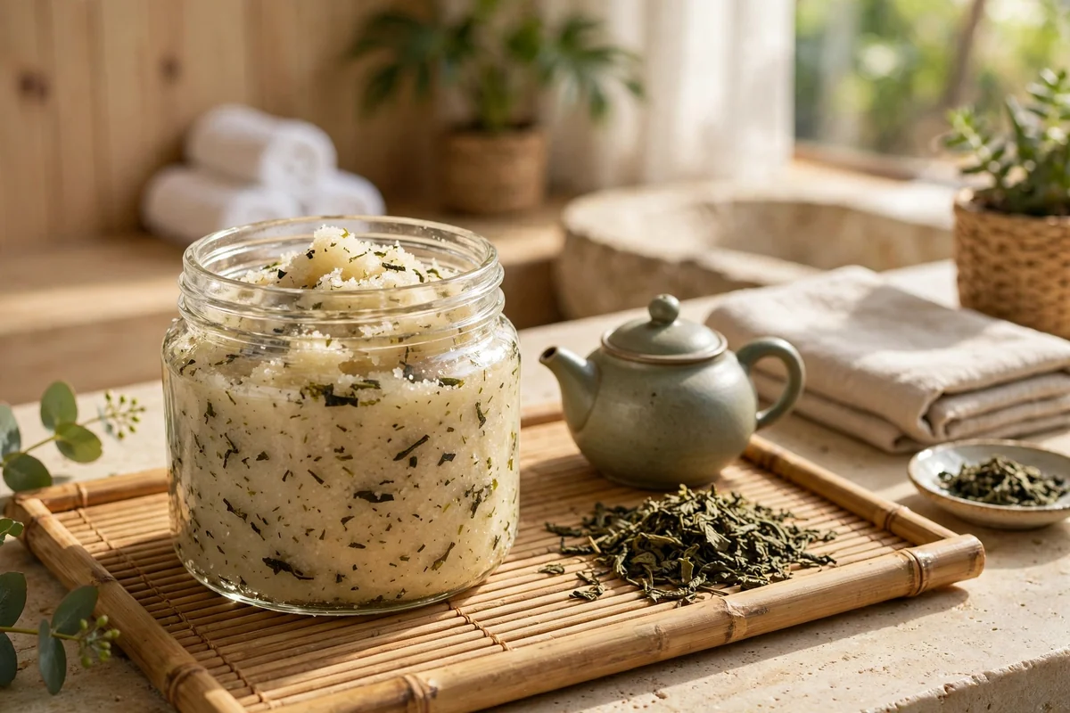 Glass jar of green tea sugar scrub with teapot beside it