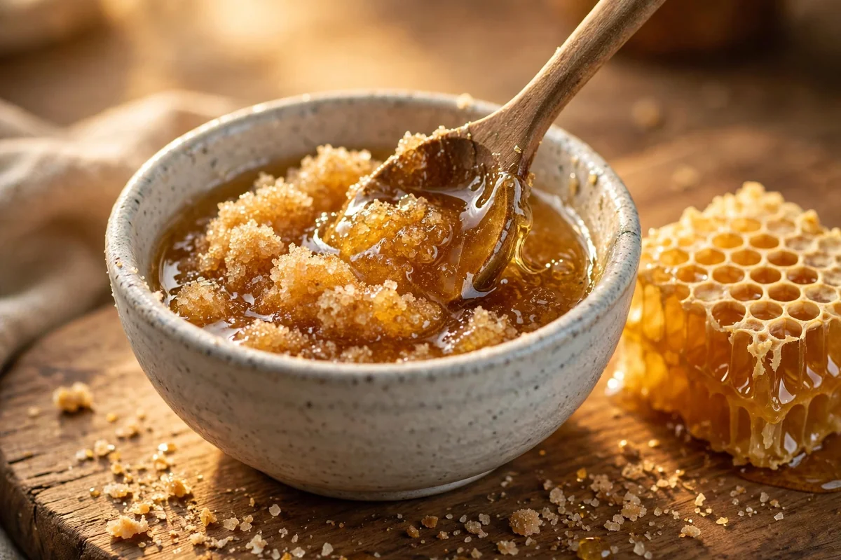Small bowl of honey sugar scrub being mixed with a wooden spoon